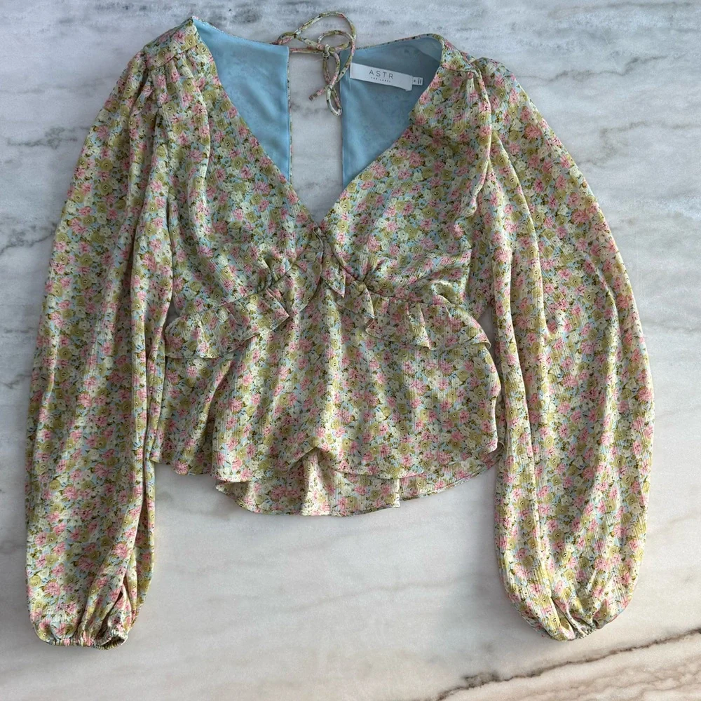Anthropologie Cream Floral Open-Back Peplum Blouse